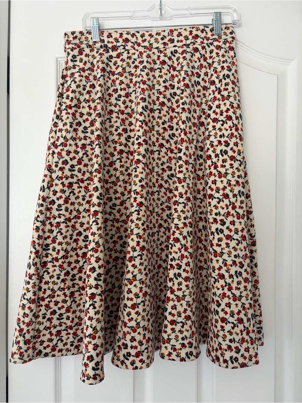 Cream Floral Circle Skirt with Red & Black Print